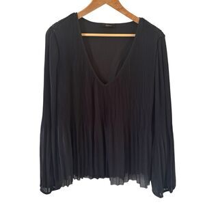 Quince Womens Pleated Blouse Sustainable Black Size Medium Peasant Preppy Boho‎